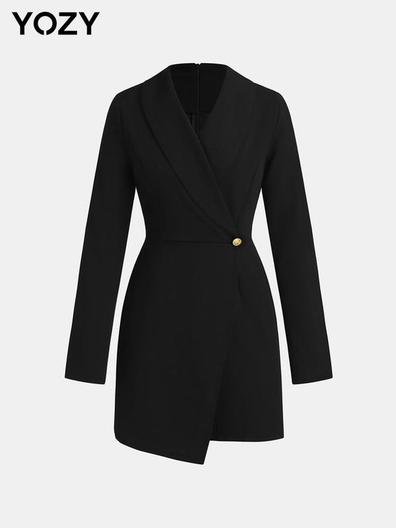 YOZY Women'S Solid Button Shawl Collar Romper, Elegant Asymmetrical Long Sleeve Zipper Romper for Work Office Business, Ladies Clothes, Valentine'S Day Gift for Girl