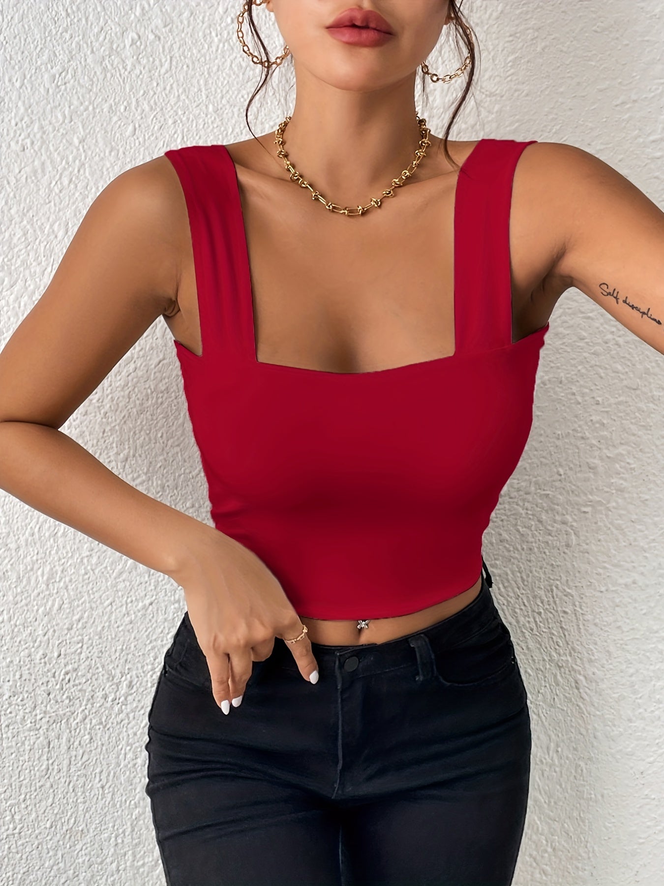 Women's Basic Solid Crop Tank Top, Casual Stretchy Sleeveless Tank Top, Casual Every Day Tops, Women's Clothing