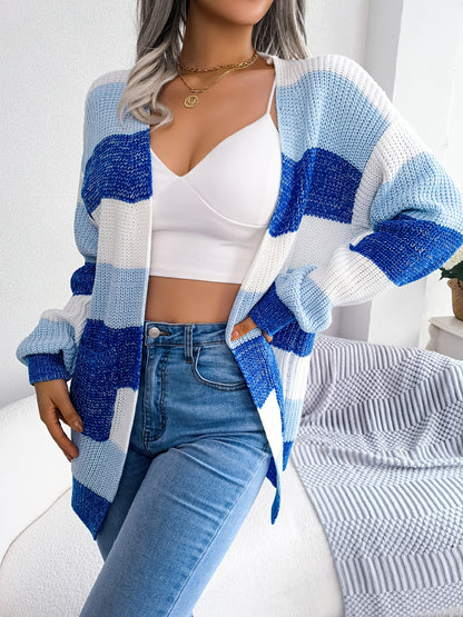Cozy Striped Colorblock V-neck Cardigan - Super-soft Knit, Loose Fit, Dropped Shoulder - Trendy Womens Winter Wear for Casual Chic