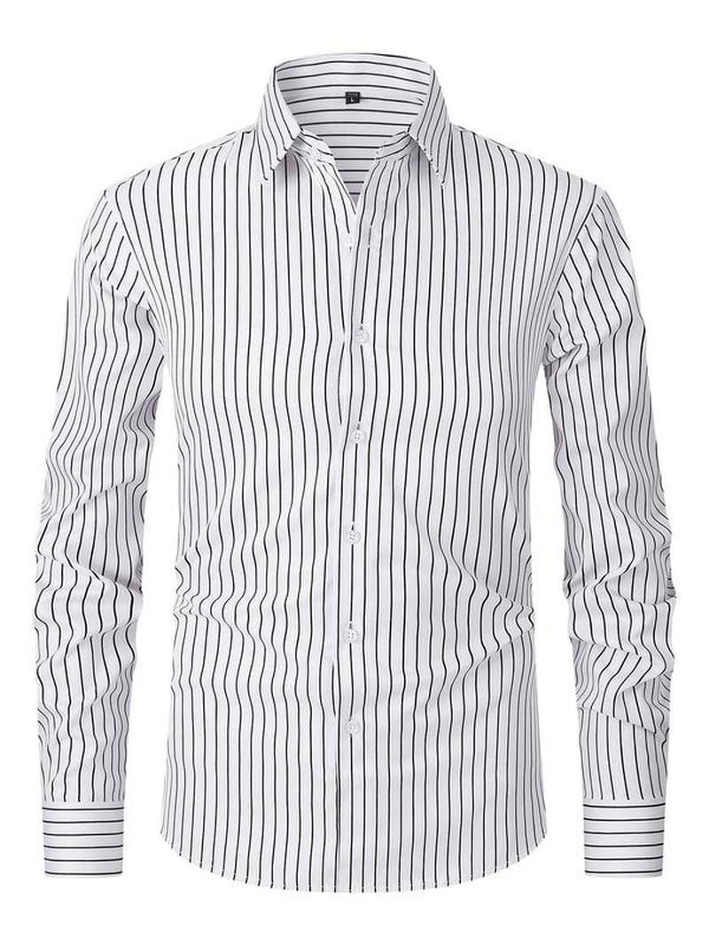 Men'S Striped Print Button Front Shirt, Regular Fit Casual Long Sleeve Collared Top for Spring & Fall, Men'S Clothes for Business Work Daily Wear