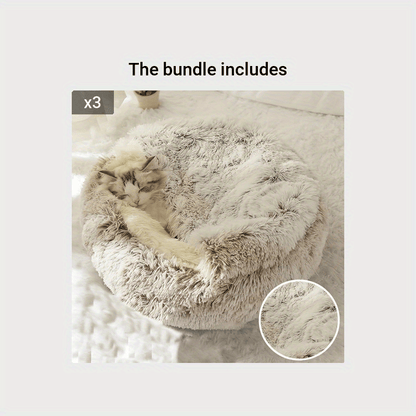[Warm|Pet Bed] 2-in-1 Round Warm Pet Bed | Polyester Cat Bed, Long Plush, Winter, with Sleeping Bag Sofa Cushion for Cat