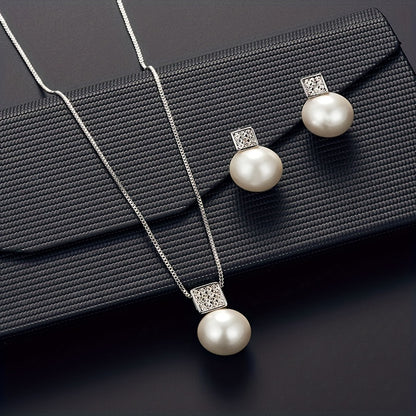 Fashionable Women'S Imitation Pearl Necklace And Earring Jewelry Set, Featuring a Simple Square Rhinestone Pendant And Stud Earrings, Perfect As a Two-Piece Accessory Gift for Birthdays, Parties, Celebrations, And Holidays, I