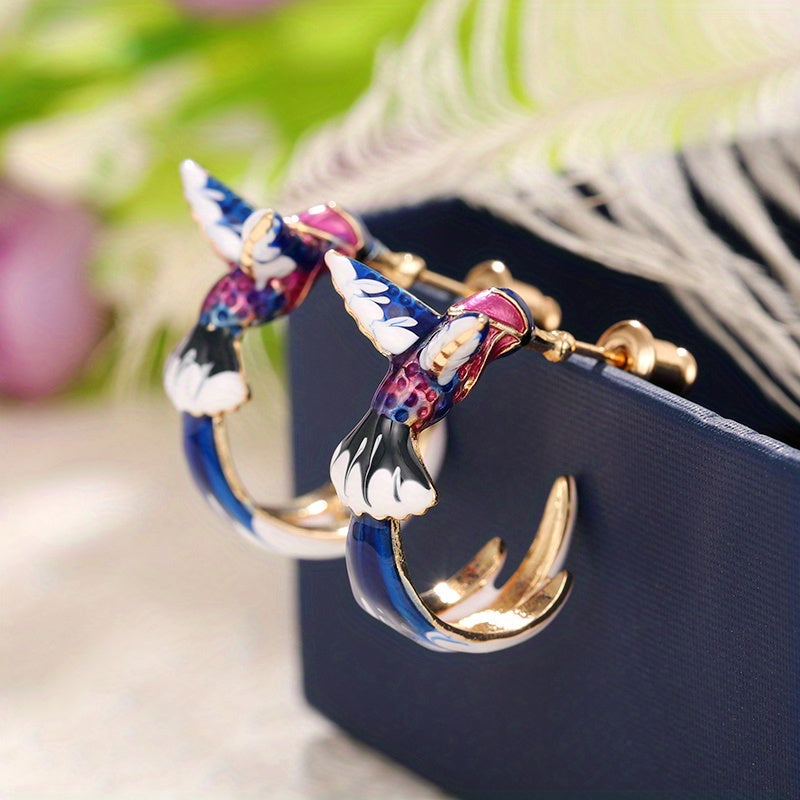 Cute Flying Hummingbird Oil Painting Earrings Enamel Hummingbird Stud Earrings Colorful Animal Elegant Jewelry For Women