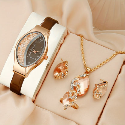 5pcs/set Women's Watch Quicksand Oval Pointer Quartz Watch Analog PU Leather Wrist Watch & Jewelry Set, Gift For Mom Her