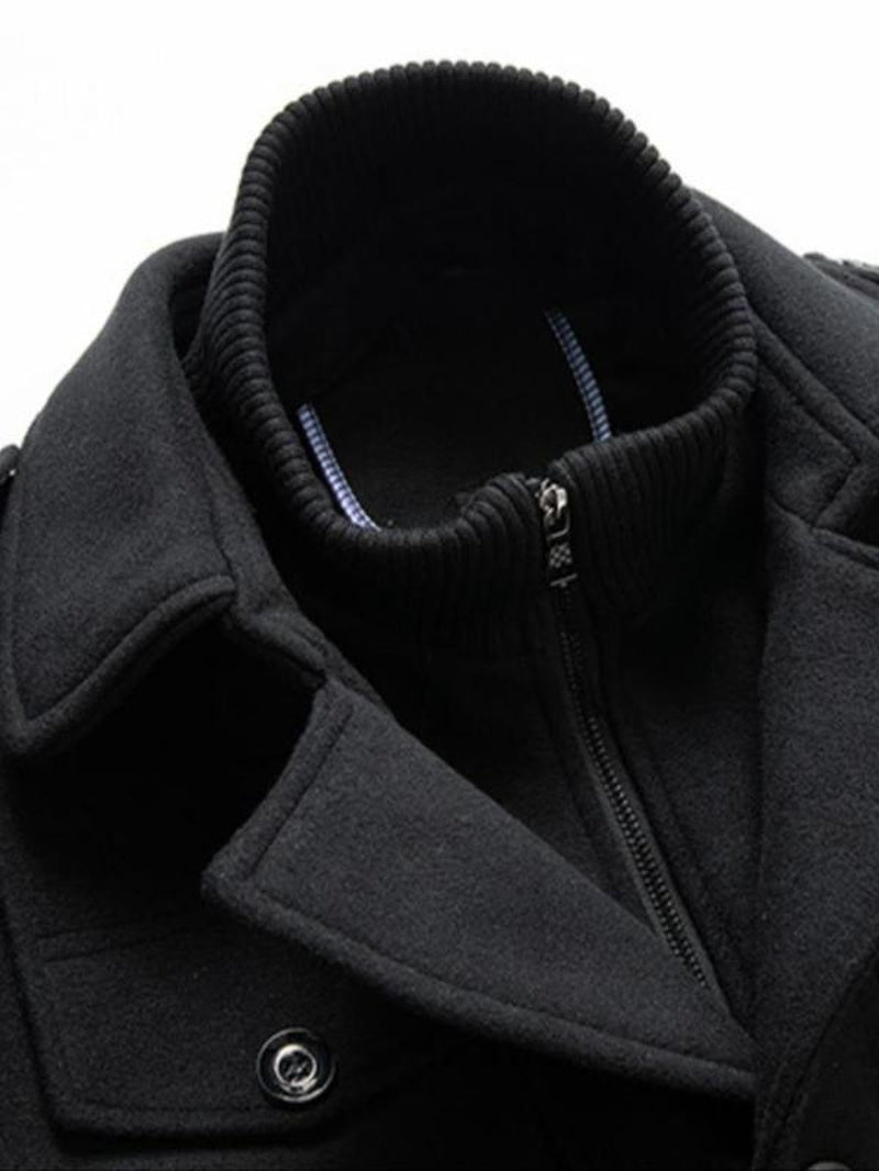Men'S Solid Button Front Pocket Zipper Wool Coat, Regular Fit Long Sleeve Lapel Neckline Outerwear for Fall & Winter, Men'S Clothes for Business Work Daily Wear