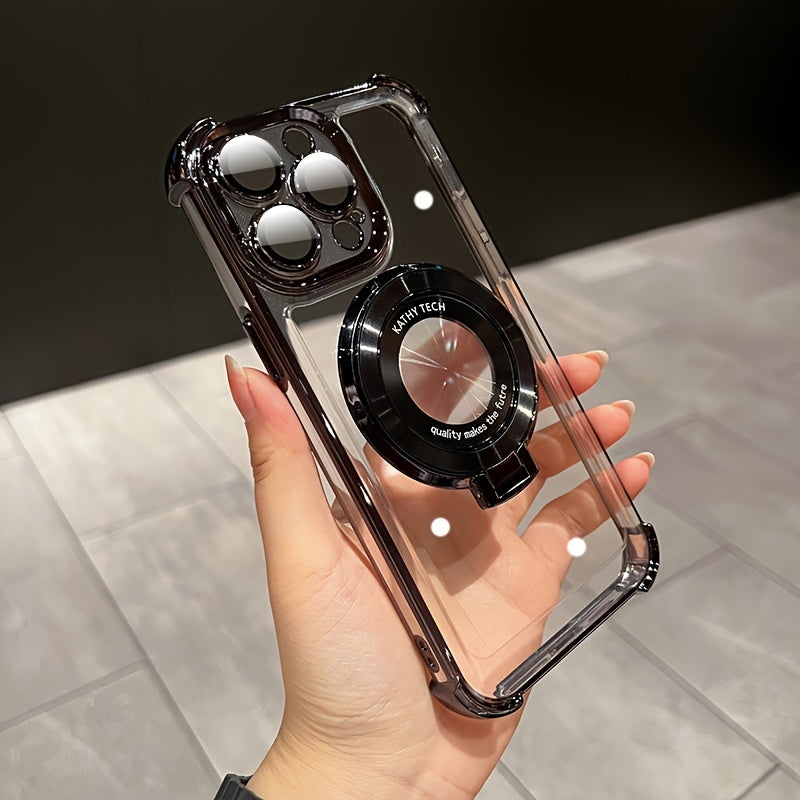 Luxury Magnetic Holder Wireless Charging Plating Clear Phone Case For IPhone 11/12/13/14/15 Pro Max Plus Shockproof Transparent Hard Phone Back Cover With Bracket
