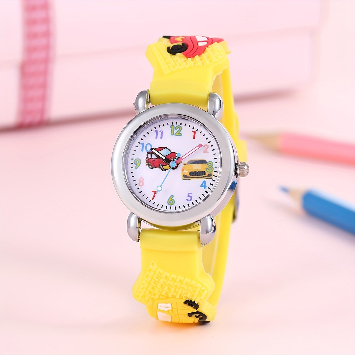 1pc Boys Girls Teen Cute Car Print Round Dial Quartz Watch For Gift Daily Life
