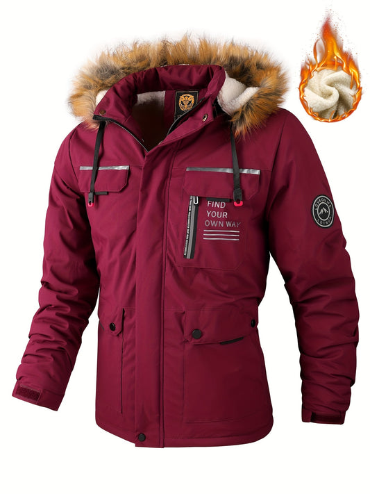 Men'S Winter Windbreaker Jacket with Warm Hood - Maroon Zip-Up Outdoor Coat, Stand Collar, Multiple Pockets, Casual Sporty Design for Cold Weather, Winter Jacket