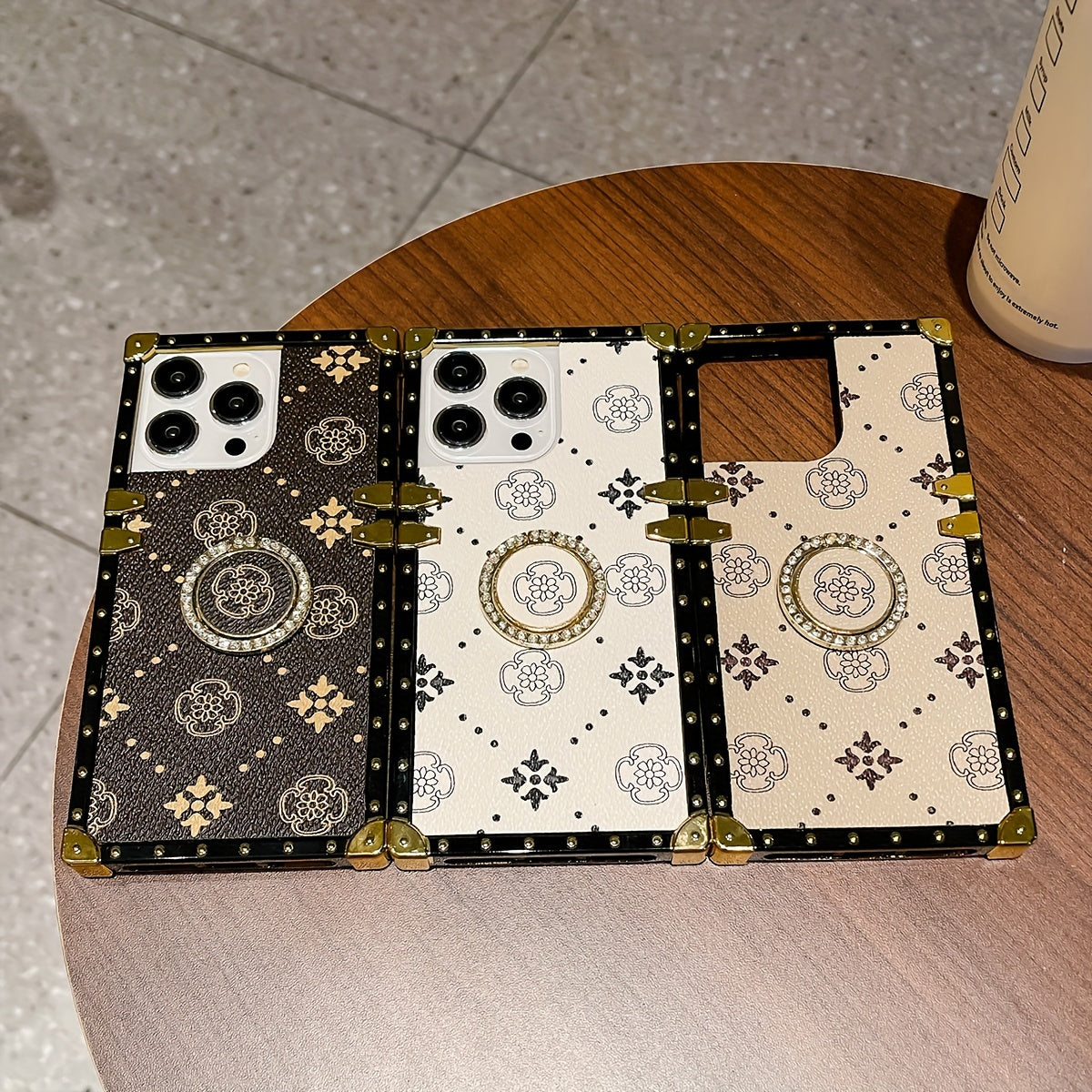 Flower Faux Leather Pattern Belt Ring Holder Can Rotate 360° Four Corners Reinforced Full Package Anti-fall Wear-resistant Simple Retro Personality New TPU Mobile Phone Case Suitable for 11/11pro/11promax/12/12pro/12promax/1
