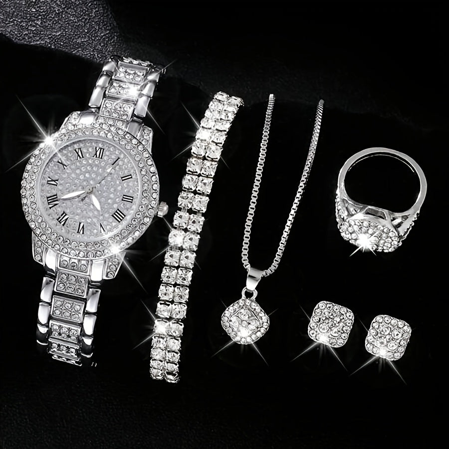 7pcs/set Women's Watch Luxury Rhinestone Quartz Watch Rome Fashion Analog Wrist Watch & Jewelry Set, Gift For Mom Her
