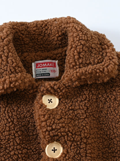 Girls' Lamb Fur Jacket | JOMAKE Korean-Style Lapel Collar, Two-Tone, Warm Windbreaker with Pockets, Lining, Button Closure, Long Sleeves for Winter