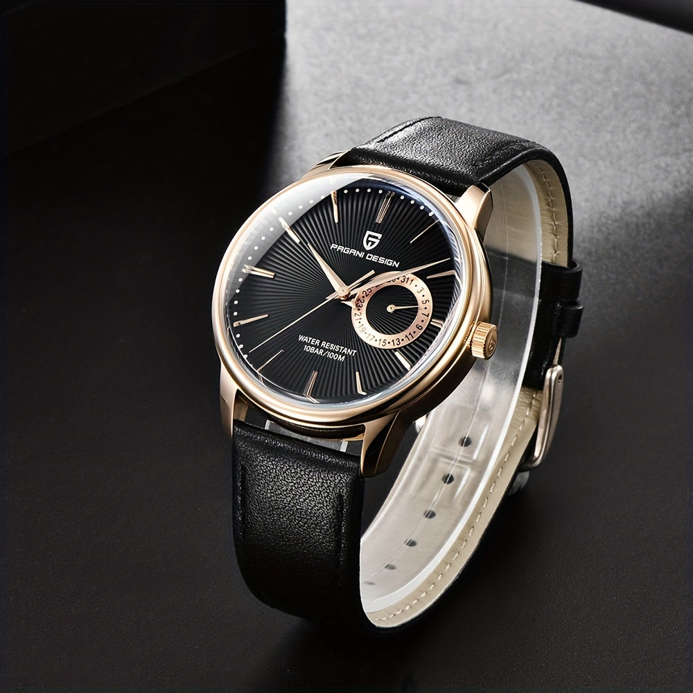 PAGAN DESIGN Fashion Casual Sports Watch Men Stainless Steel Waterproof Quartz Watch Leather Strap