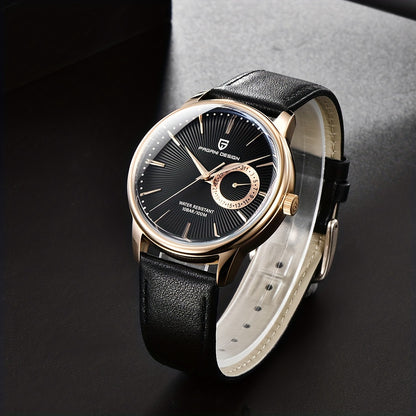 PAGAN DESIGN Fashion Casual Sports Watch Men Stainless Steel Waterproof Quartz Watch Leather Strap