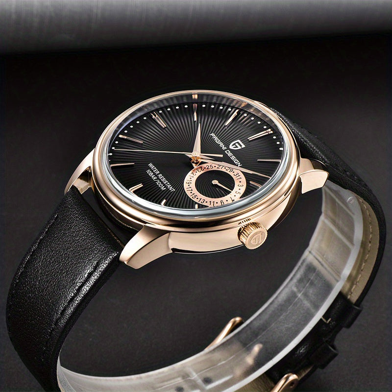 PAGAN DESIGN Fashion Casual Sports Watch Men Stainless Steel Waterproof Quartz Watch Leather Strap