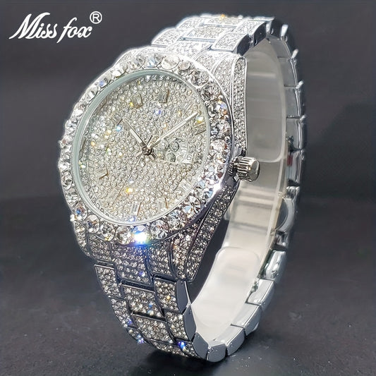 [MissFox, Golden Classic Watch] MissFox Golden Watch - Classic Business Ice Town Couple Quartz Watch with Faux Diamond - Ideal Gift for Him