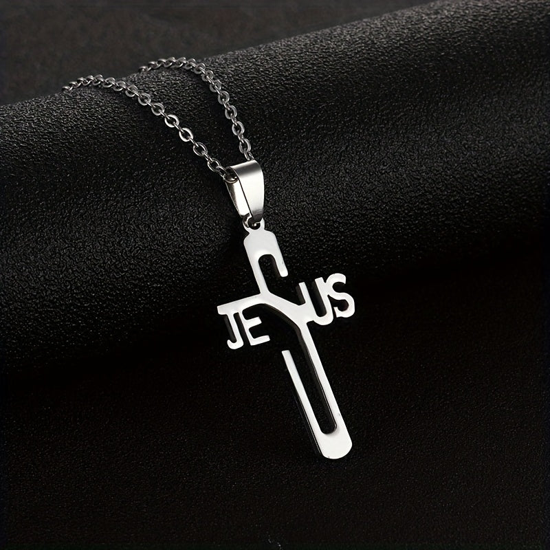 1pc Jesus Letter Cross Pendant Necklace, Stainless Steel Personality Design Fashion Metal Necklace Jewelry Gift