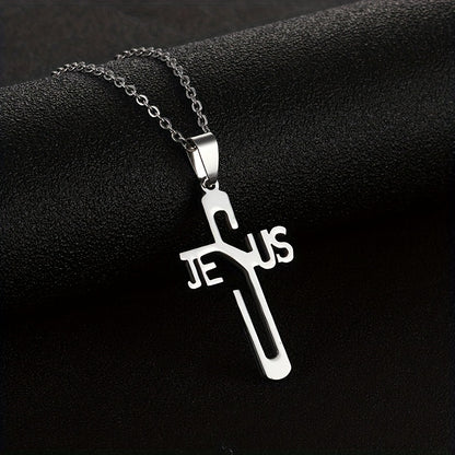 1pc Jesus Letter Cross Pendant Necklace, Stainless Steel Personality Design Fashion Metal Necklace Jewelry Gift