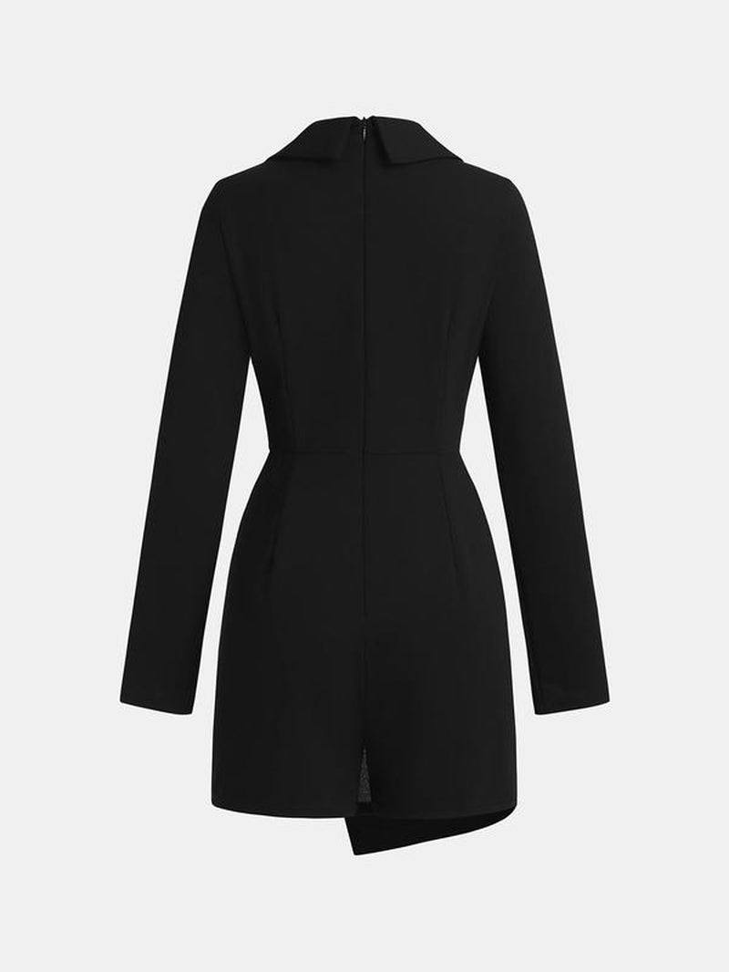 YOZY Women'S Solid Button Shawl Collar Romper, Elegant Asymmetrical Long Sleeve Zipper Romper for Work Office Business, Ladies Clothes, Valentine'S Day Gift for Girl