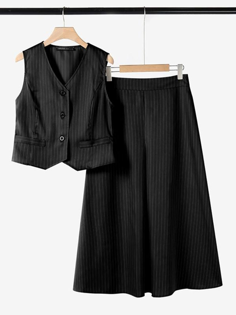 Women'S Striped Print Vest & High Waist Skirt Two-Piece Set, Casual Sleeveless Button Front Top & a Line Skirt for Work Office Business, Ladies Summer Clothes