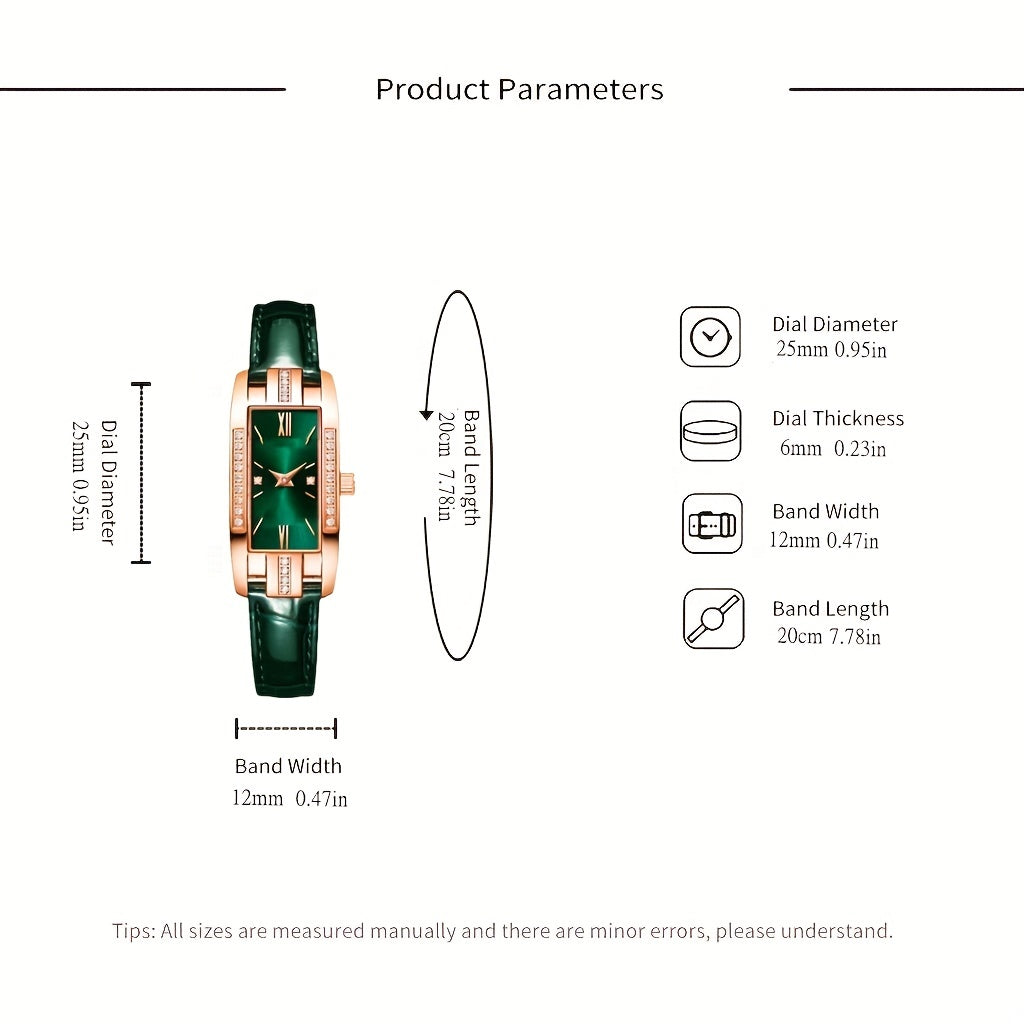 Rhinestone Decor Quartz Watch Elegant Rectangle Pointer Analog Wristwatch With PU Leather Strap