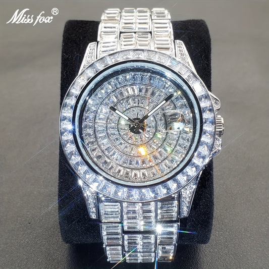 Stunning Mosaic Rhinestone Full Iced Out Watch for Men - Quartz Movement, Round Dial, Pointer Display, Calendar Function, Zinc Alloy Strap, Party Style - Ideal Gift for Him, Non-Waterproof, Natural Zircon Case