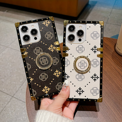 Flower Faux Leather Pattern Belt Ring Holder Can Rotate 360° Four Corners Reinforced Full Package Anti-fall Wear-resistant Simple Retro Personality New TPU Mobile Phone Case Suitable for 11/11pro/11promax/12/12pro/12promax/1