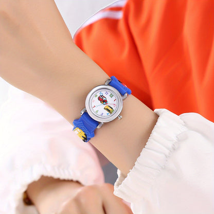 1pc Boys Girls Teen Cute Car Print Round Dial Quartz Watch For Gift Daily Life