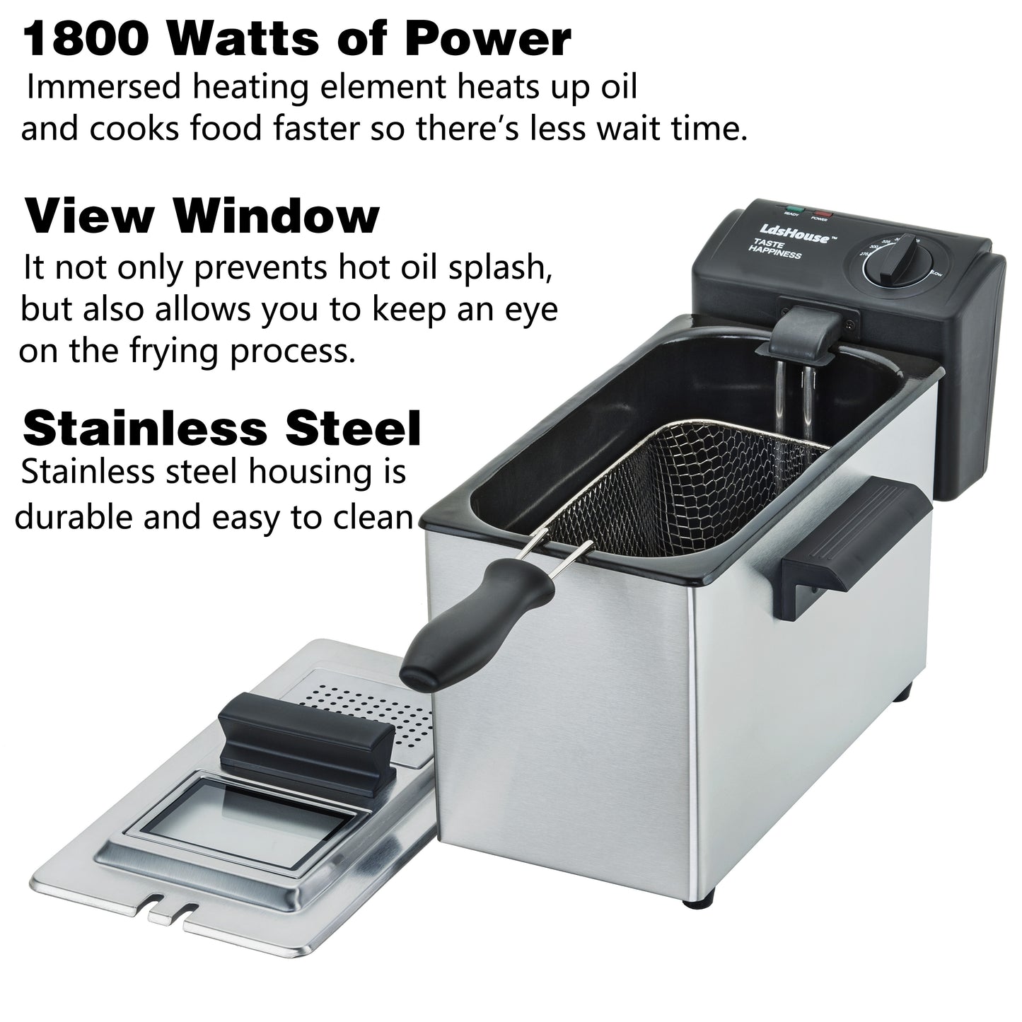 Ldshouse Professional Grade Electric Deep Fryer with Basket & Removable Lid with View Window, 1800 Watts, 9 Cups / 3.5 Liters Oil Capacity, Stainless Steel for home cooking