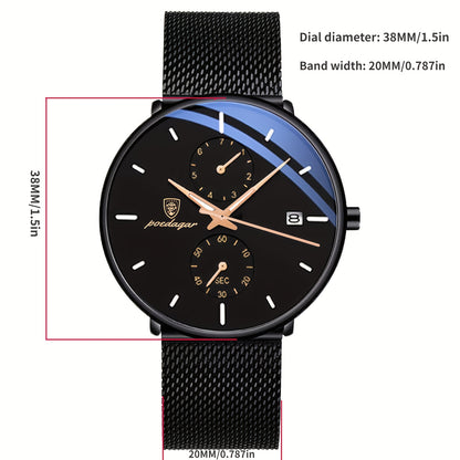 Mens Slim Quartz Watch - Luminous Date Display, Water Resistant, Stainless Steel Mesh Strap, Ideal Gift for Him, Stylish Sport Wristwatch for Everyday Wear