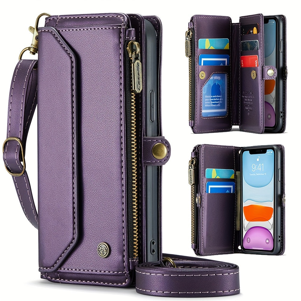 Long Lanyard PU Flip Leather Phone Case For IPhone 15 14 13 12 11Pro Max Mini XR XS 8 7 Plus SE 2022 Zipper Wallet Card Bags Cover