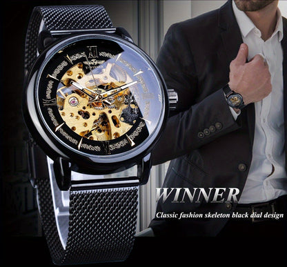 Stainless Steel Automatic Mens Watch - Fashionable Hollow Design, Mesh Strap, Water-resistant for Business & Casual Wear