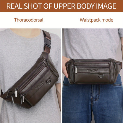 Genuine Leather Men's Waist Bag/Women's Multifunctional Hip Bag/Stylish Multi-Pocket Travel Sports Backpack for Hiking, Cycling, Fishing, And Running