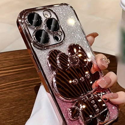 Deluxe Electroplated Phone Case, Invisible Makeup Mirror, Cute Rabbit Phone Holder And Hidden Bracket Shockproof Ultra-thin Protection Suitable For IPhone 11/12/13/14/15 Pro Max
