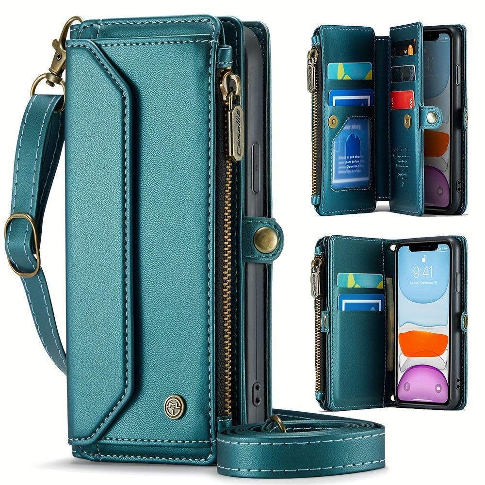 Long Lanyard PU Flip Leather Phone Case For IPhone 15 14 13 12 11Pro Max Mini XR XS 8 7 Plus SE 2022 Zipper Wallet Card Bags Cover