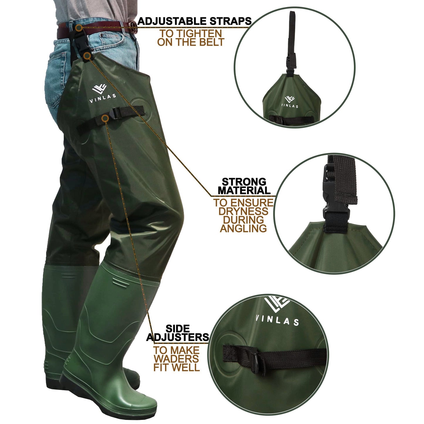 Waterproof Nylon PVC Coating Hip Wader - 1 Pair Brown Outdoor Pants for Farming/Fishing - Drying Hook and Waterproof Phone Case