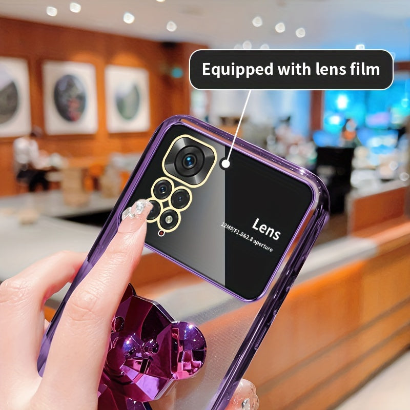 For Redmi Note 11/Note 11S/Note 11 Pro 4G/Note 11 Pro 5G And Note 11 Pro+ 5G (India) 's Fashion Electroplated Shockproof Stereoscopic Fashionable Large Window Stereoscopic Bear Stand Phone Case