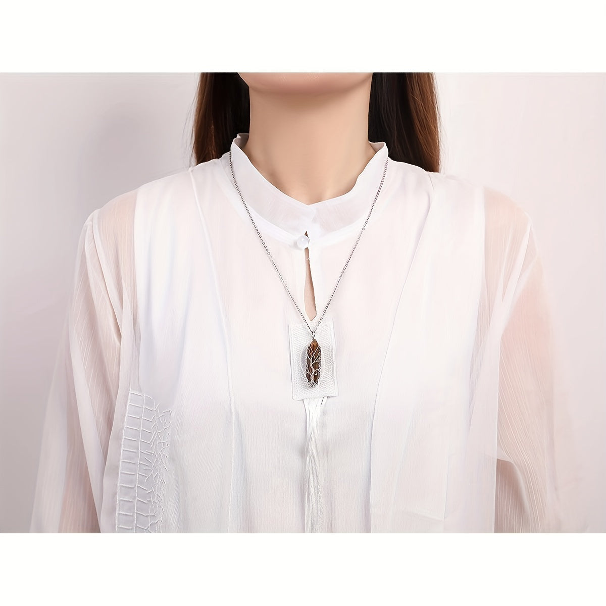 1pc Tree Of Life Wire Wrapped Crystal Point Pendant Necklace, Reiki Healing Crystal Stone Necklaces, Natural Hexagonal Gemstone Quartz Jewelry For Women