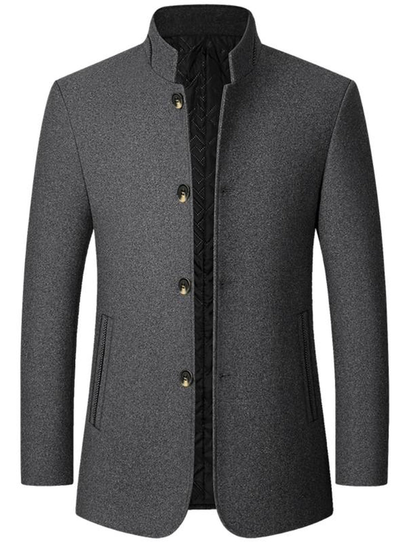 Men'S Solid Color Woolen Coat, Regular Fit Elegant Style Casual Cozy Long Sleeve Button Front Outerwear for Fall & Winter, Men'S Clothes for Daily Wear, Work Office Jacket