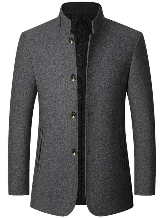 Men'S Solid Color Woolen Coat, Regular Fit Elegant Style Casual Cozy Long Sleeve Button Front Outerwear for Fall & Winter, Men'S Clothes for Daily Wear, Work Office Jacket