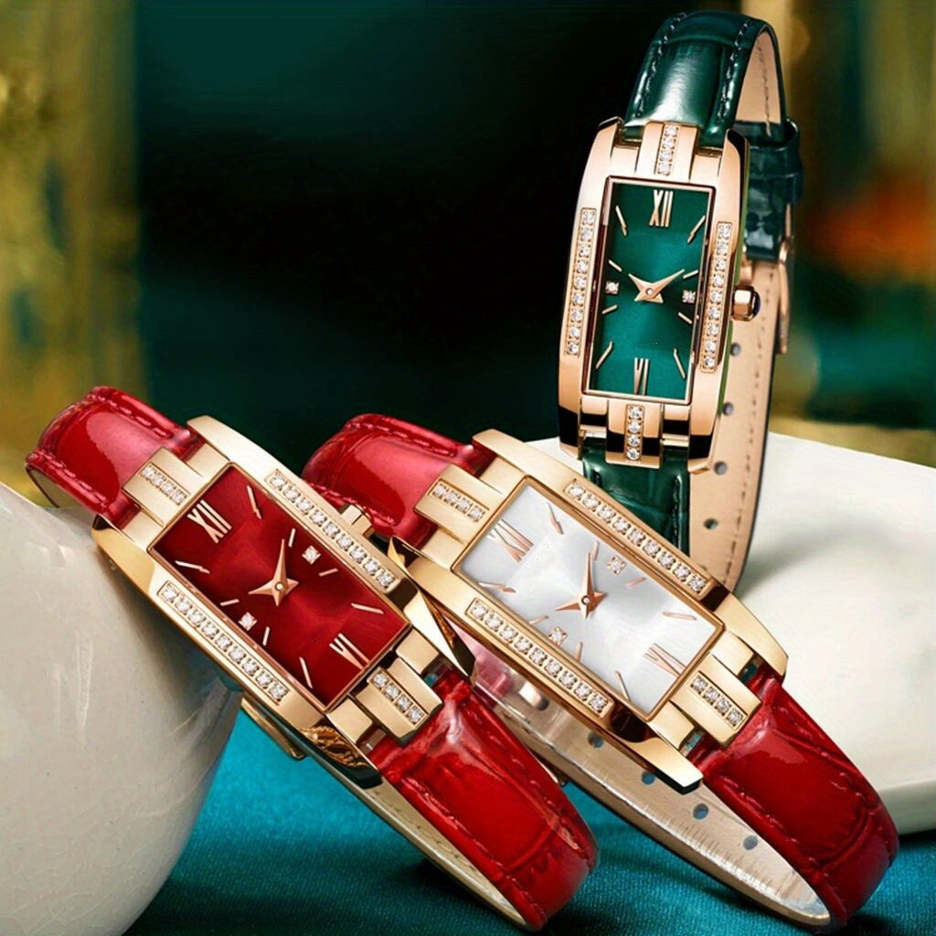 Rhinestone Decor Quartz Watch Elegant Rectangle Pointer Analog Wristwatch With PU Leather Strap