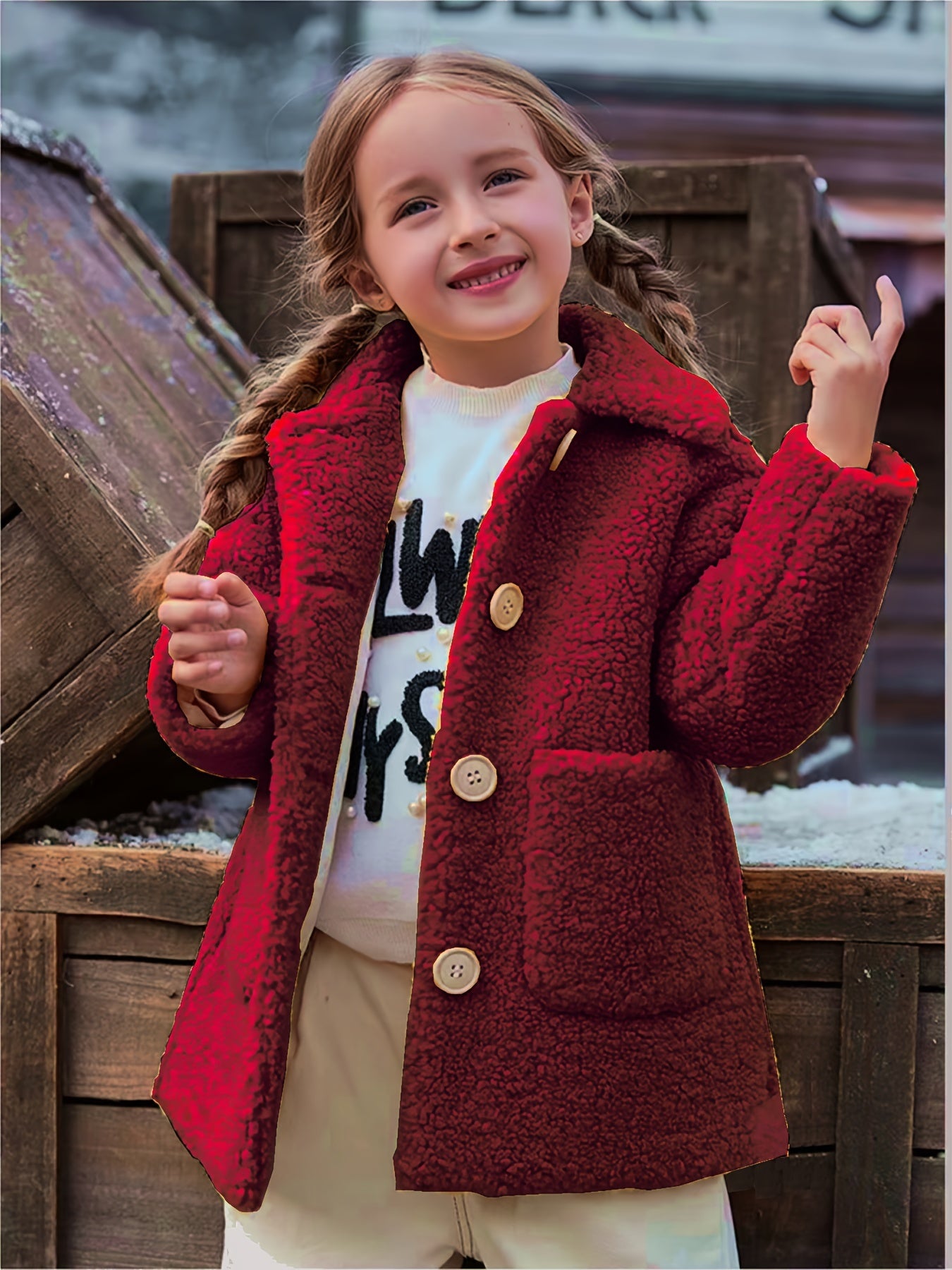 Girls' Lamb Fur Jacket | JOMAKE Korean-Style Lapel Collar, Two-Tone, Warm Windbreaker with Pockets, Lining, Button Closure, Long Sleeves for Winter