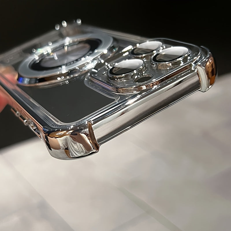 Luxury Magnetic Holder Wireless Charging Plating Clear Phone Case For IPhone 11/12/13/14/15 Pro Max Plus Shockproof Transparent Hard Phone Back Cover With Bracket