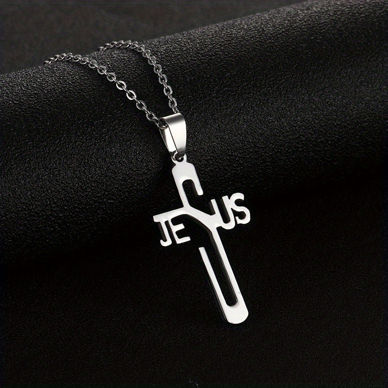 1pc Jesus Letter Cross Pendant Necklace, Stainless Steel Personality Design Fashion Metal Necklace Jewelry Gift