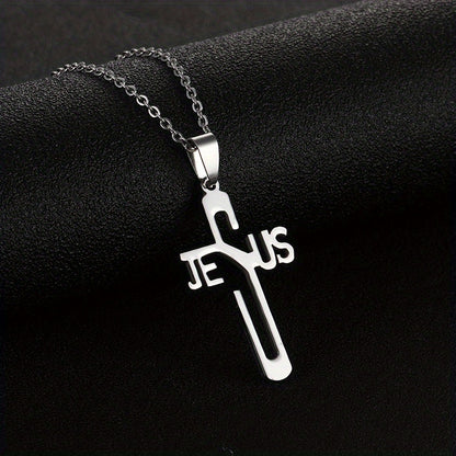 1pc Jesus Letter Cross Pendant Necklace, Stainless Steel Personality Design Fashion Metal Necklace Jewelry Gift