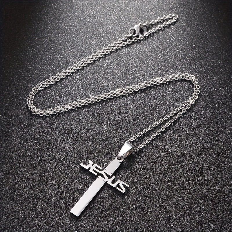 1pc Jesus Letter Cross Pendant Necklace, Stainless Steel Personality Design Fashion Metal Necklace Jewelry Gift