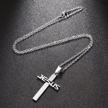 1pc Jesus Letter Cross Pendant Necklace, Stainless Steel Personality Design Fashion Metal Necklace Jewelry Gift