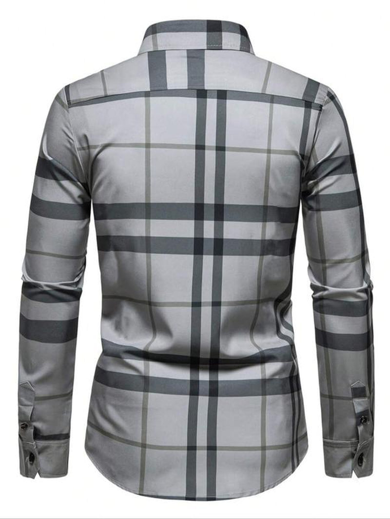 Men'S Plaid Print Long Sleeve Dress Shirt, Casual Comfy Collared Button Design Top for Work Office Business, Men'S Clothes for All Seasons, Menswear