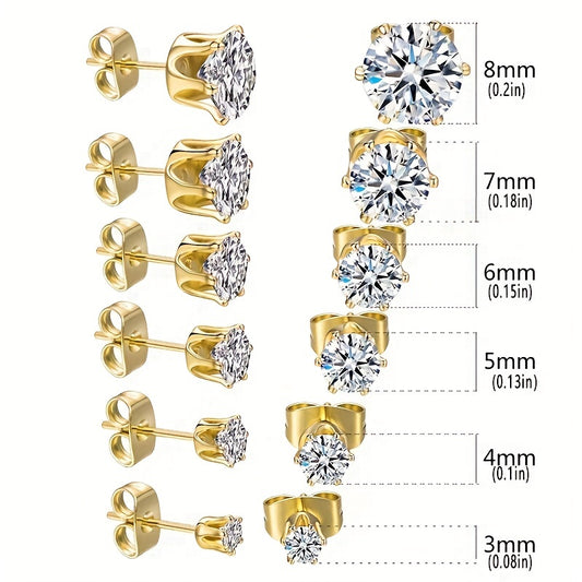[316 Stainless Steel Earrings] 316 Hypoallergenic Stainless Steel Sparkling Titanium Steel Earrings | 18K Gold-Plated Soft Ear Bone Clasp | Six-Prong AAA Synthetic Zirconia Studs Jewelry