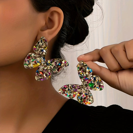 Creative Butterfly Design With Colorful Sequins Decor Stud Earrings Elegant Party Style Acrylic Jewelry Female Gift