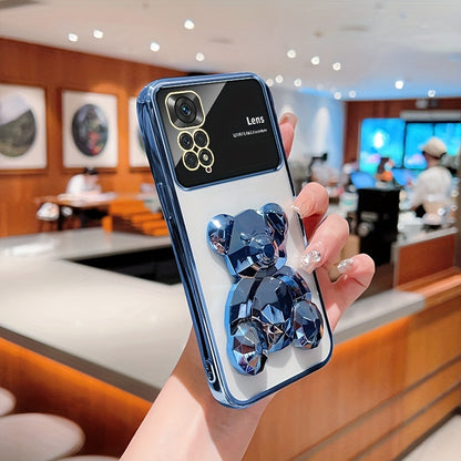 For Redmi Note 11/Note 11S/Note 11 Pro 4G/Note 11 Pro 5G And Note 11 Pro+ 5G (India) 's Fashion Electroplated Shockproof Stereoscopic Fashionable Large Window Stereoscopic Bear Stand Phone Case